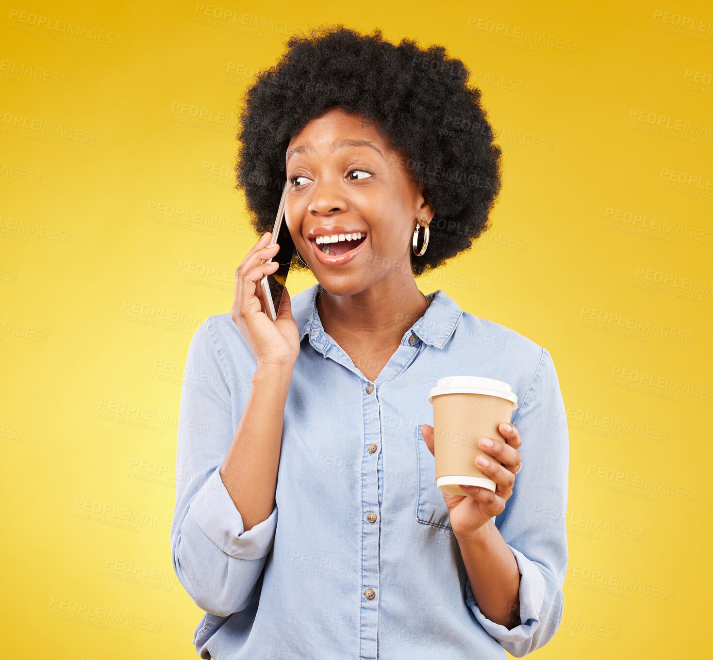 Buy stock photo Phone call, happy and black woman with coffee in studio, smile and listening on yellow background. Smartphone, conversation and girl with tea surprised, joke and humor while enjoying speaking online