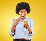 Phone, surprise and wow of black woman in studio isolated on a yellow background. Shock, cellphone and surprised female with smartphone for good news on social media, winning lottery or competition.