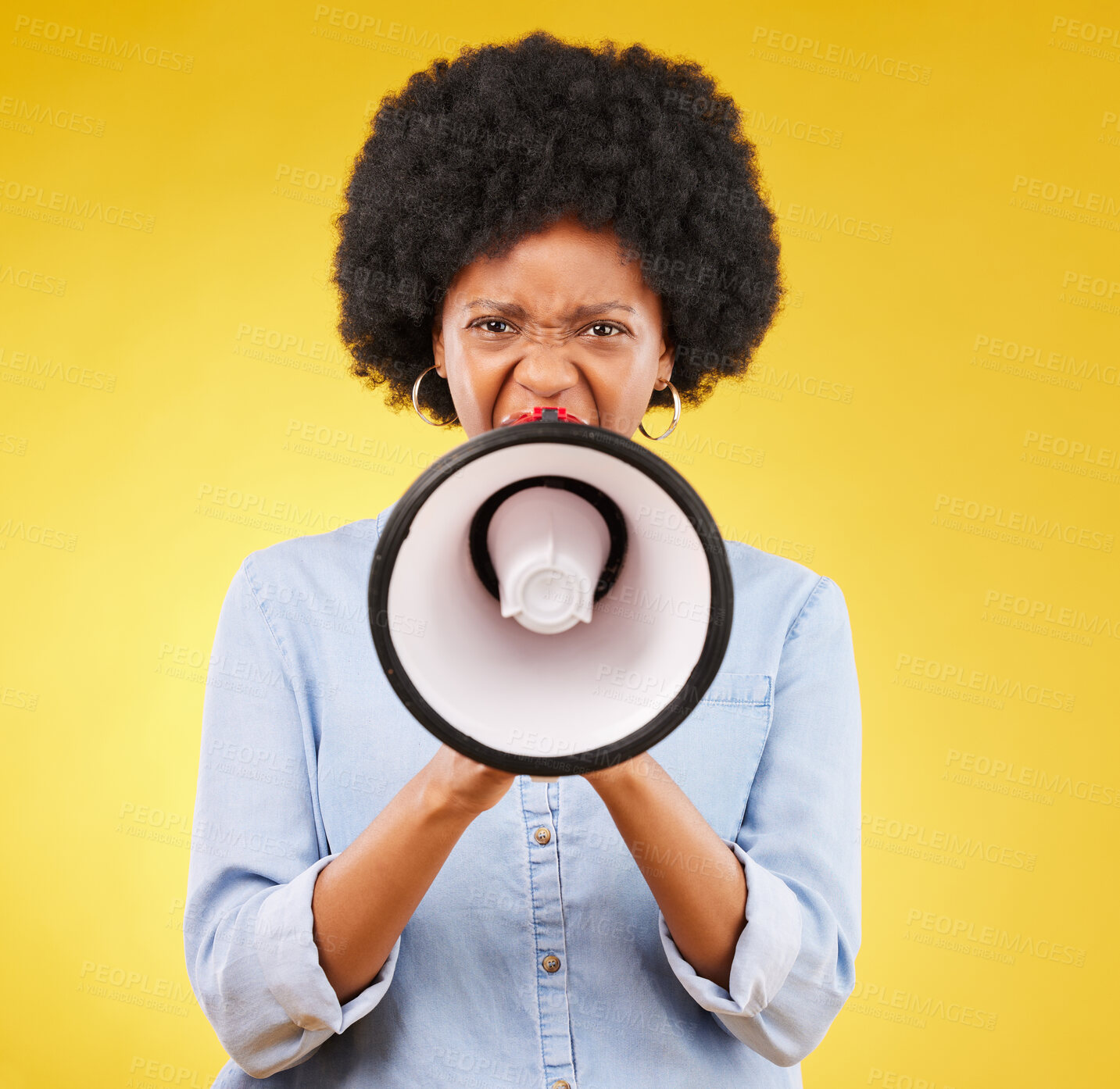 Buy stock photo Megaphone announcement, portrait or angry black woman protest for democracy vote, justice or human rights rally. Racism, microphone voice speech or justice speaker shout isolated on yellow background