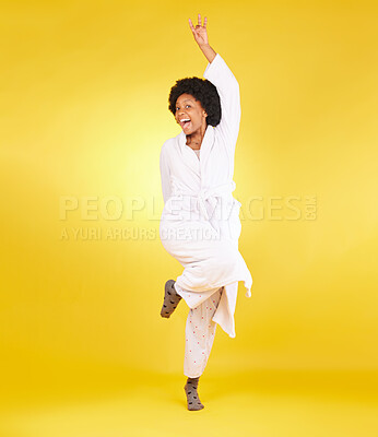 Buy stock photo Portrait, excited and black woman with pajamas, happiness and girl on studio background. Face, African American female and happy lady with smile, morning joy and glory with energy, silly and goofy