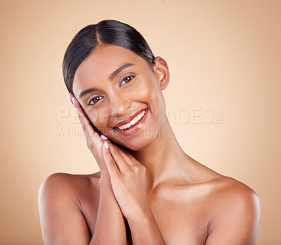 Buy stock photo Indian woman, studio and beauty with smile, makeup and skincare with sleep hand sign by brown background. Gen z model girl, young asian and hands to rest for cosmetic wellness, skin glow or aesthetic