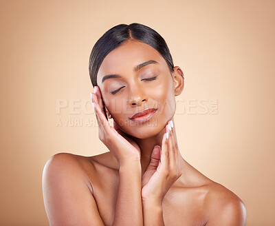 Buy stock photo Skincare, self love and hands on face of woman in studio for beauty, wellness and relax on brown background. Skin, satisfaction and girl model enjoy body care, cosmetics and treatment while isolated