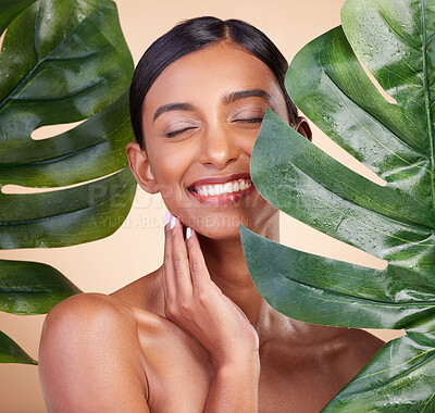 Buy stock photo Woman, face and smile with leaf for natural skincare cosmetics, self love and care against studio background. Happy female beauty holding leafy green organic plant in sustainable eco facial treatment