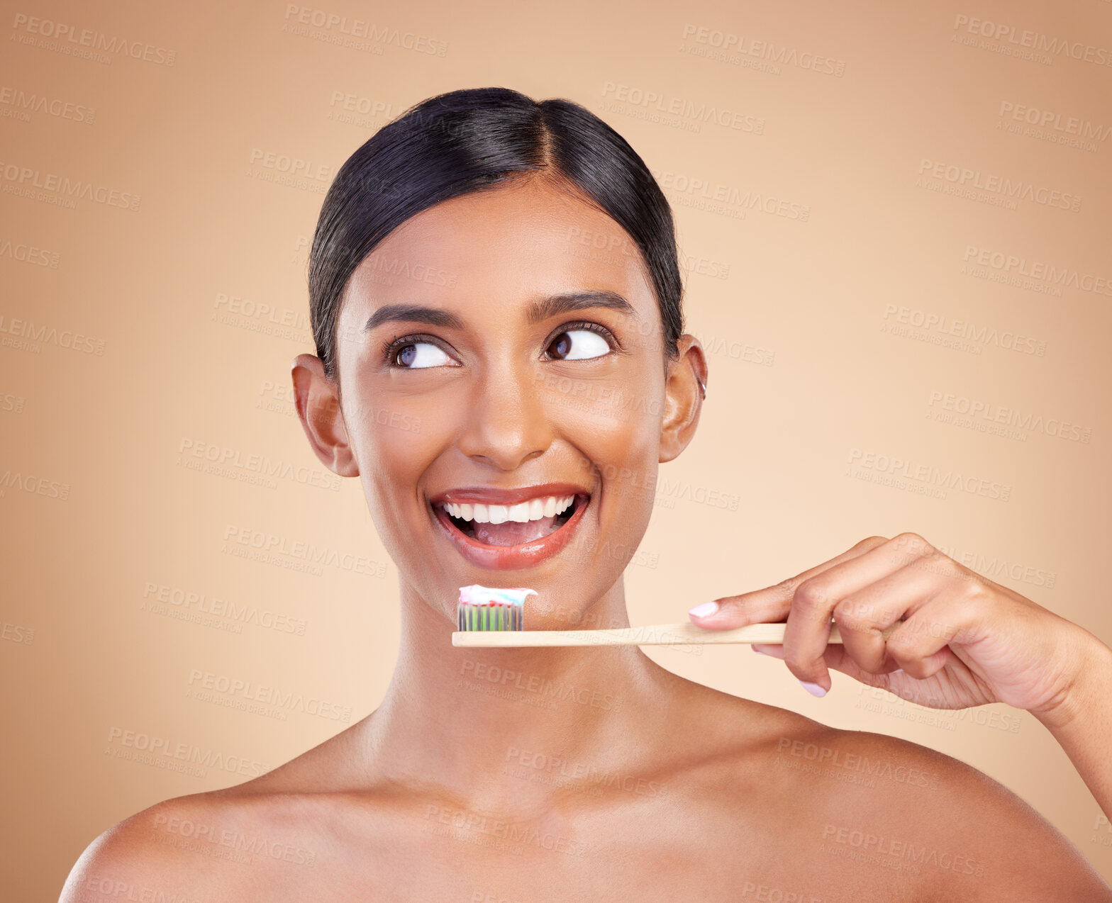 Buy stock photo Woman, thinking and bamboo toothbrush for dental care, teeth or healthcare and skincare against a studio background. Happy female smile with tooth paste for healthy clean oral, mouth or gum hygiene