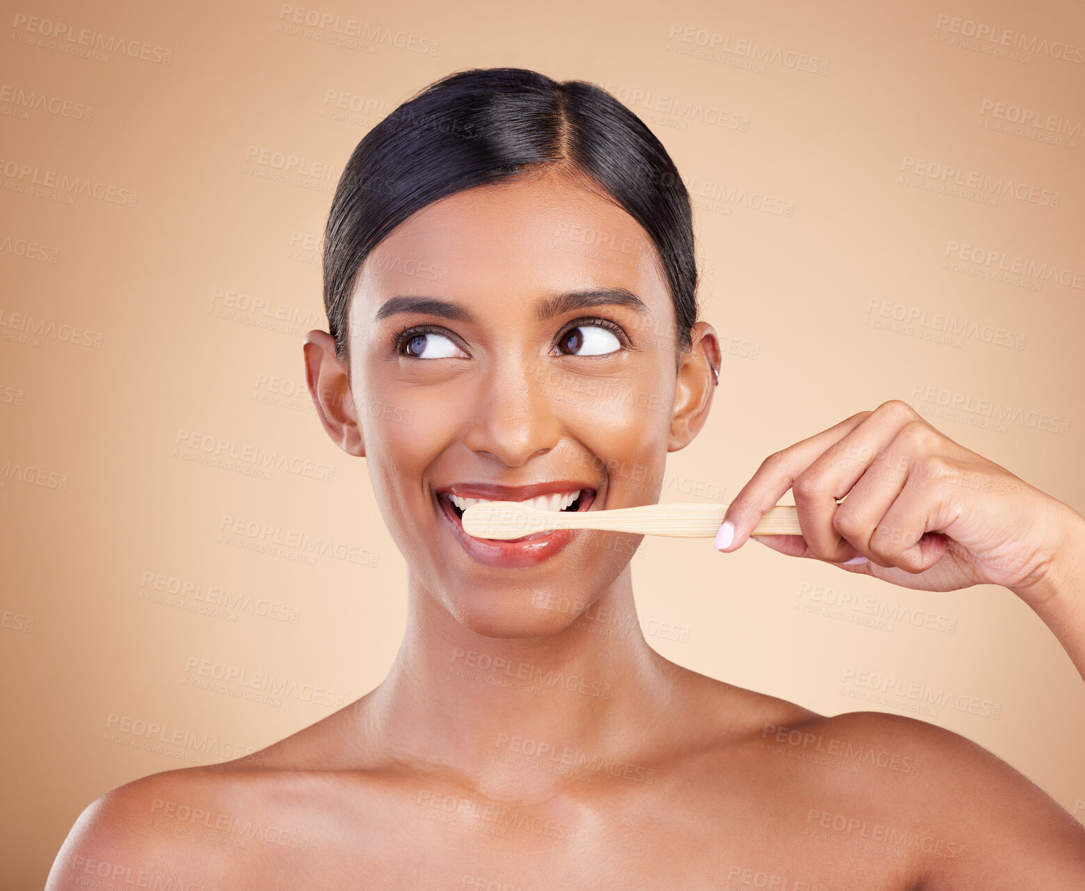 Buy stock photo Woman, thinking and brushing teeth for dental care, dentist or healthcare and skincare against studio background. Happy female hands with toothbrush for healthy clean oral, mouth or gum hygiene 