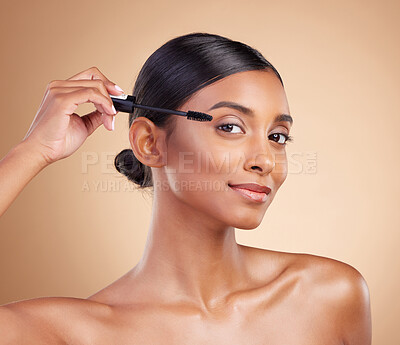 Buy stock photo Portrait of woman, eyebrow or mascara makeup for beauty, cosmetic beauty or self care in studio background. Luxury, model face or eyes of Indian girl with cosmetics brush, skincare or application 