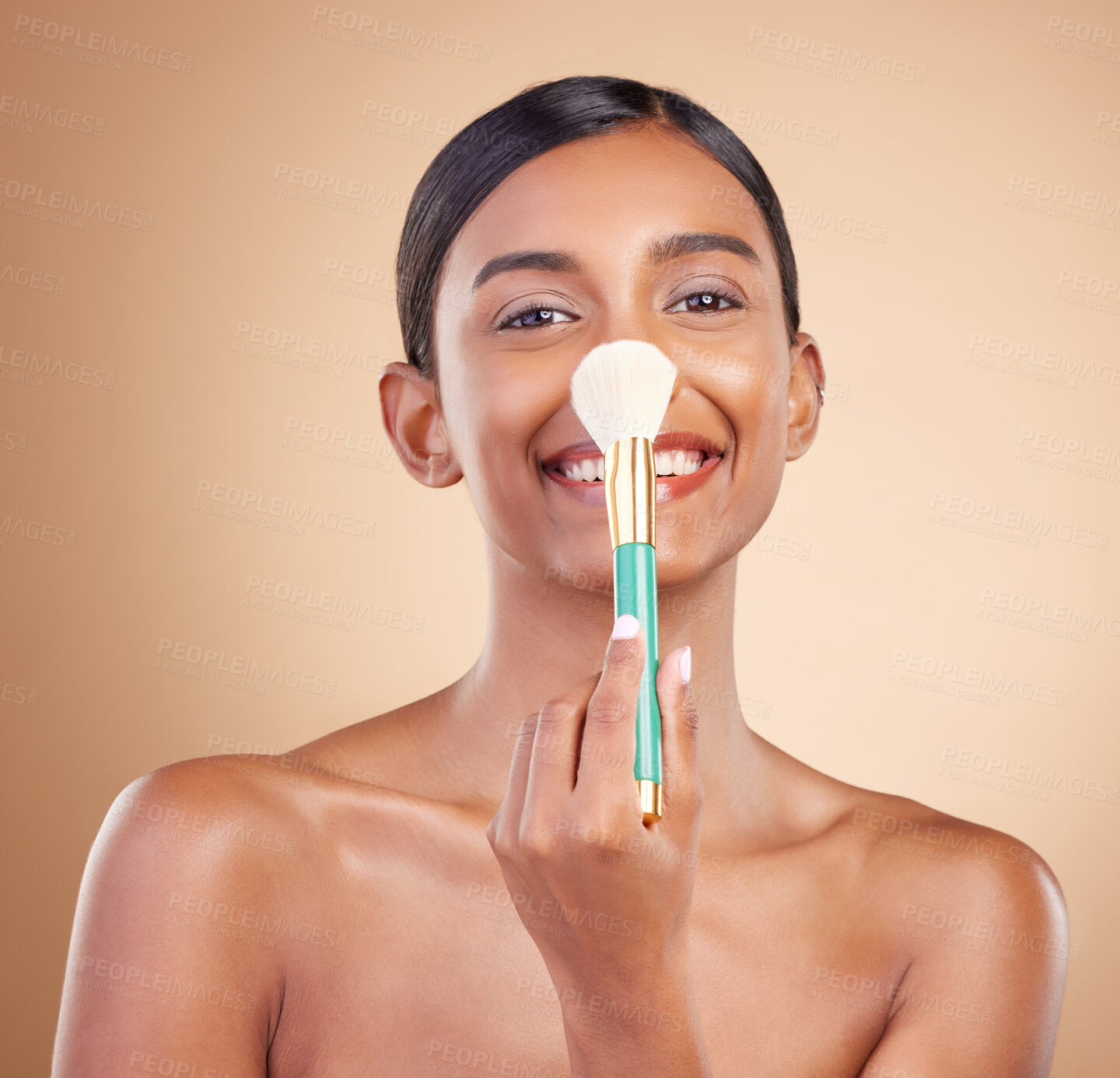 Buy stock photo Portrait, nose and blush with a model woman in studio on a beige background to promote makeup. Face, blusher and product with an attractive young female posing for cosmetics or luxury wellness