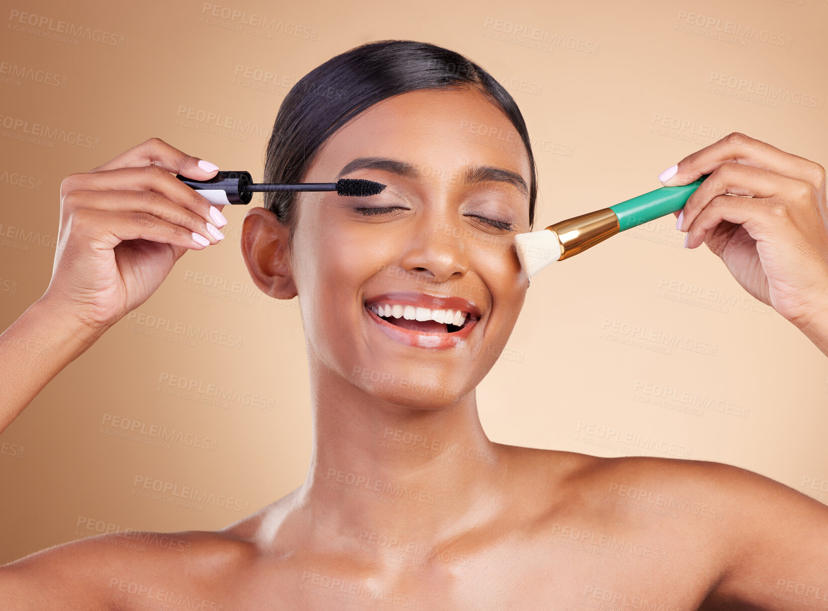 Buy stock photo Makeup brush, portrait or happy woman with beauty mascara, facial products or self care on studio background. Face smile or Indian girl model with cosmetics or natural glowing skincare headshot 