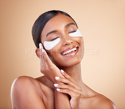 Buy stock photo Face, smile or happy woman with eye patch for beauty or skincare isolated on studio background. Cosmetics or girl model with facial collagen pads or dermatology product for anti aging or dark circles