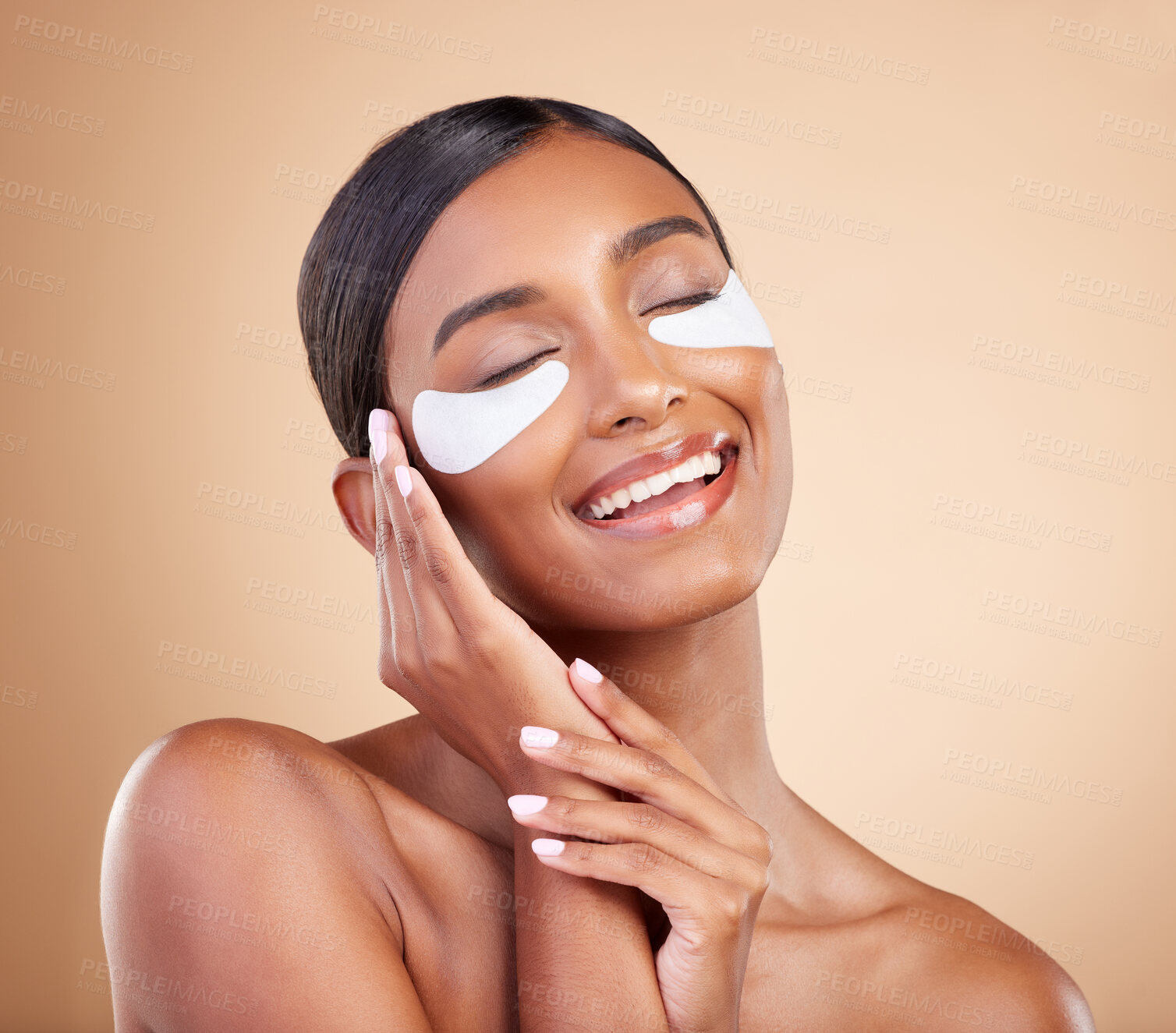 Buy stock photo Face, smile or happy woman with eye patch for beauty or skincare isolated on studio background. Cosmetics or girl model with facial collagen pads or dermatology product for anti aging or dark circles