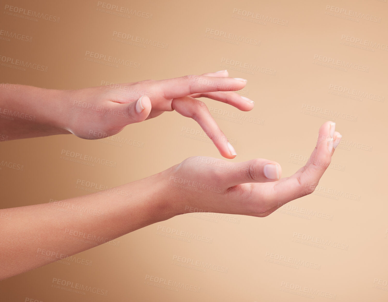 Buy stock photo Hands, manicure and palm beauty of female model with cosmetic care, skincare or self care isolated in brown studio background. Polish, shine and nails with natural glow and healthy skin