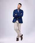 Smile, leader and portrait of business man with confidence, positive mindset and power in studio. Corporate fashion, success mockup and isolated happy male with pride, leadership and professional