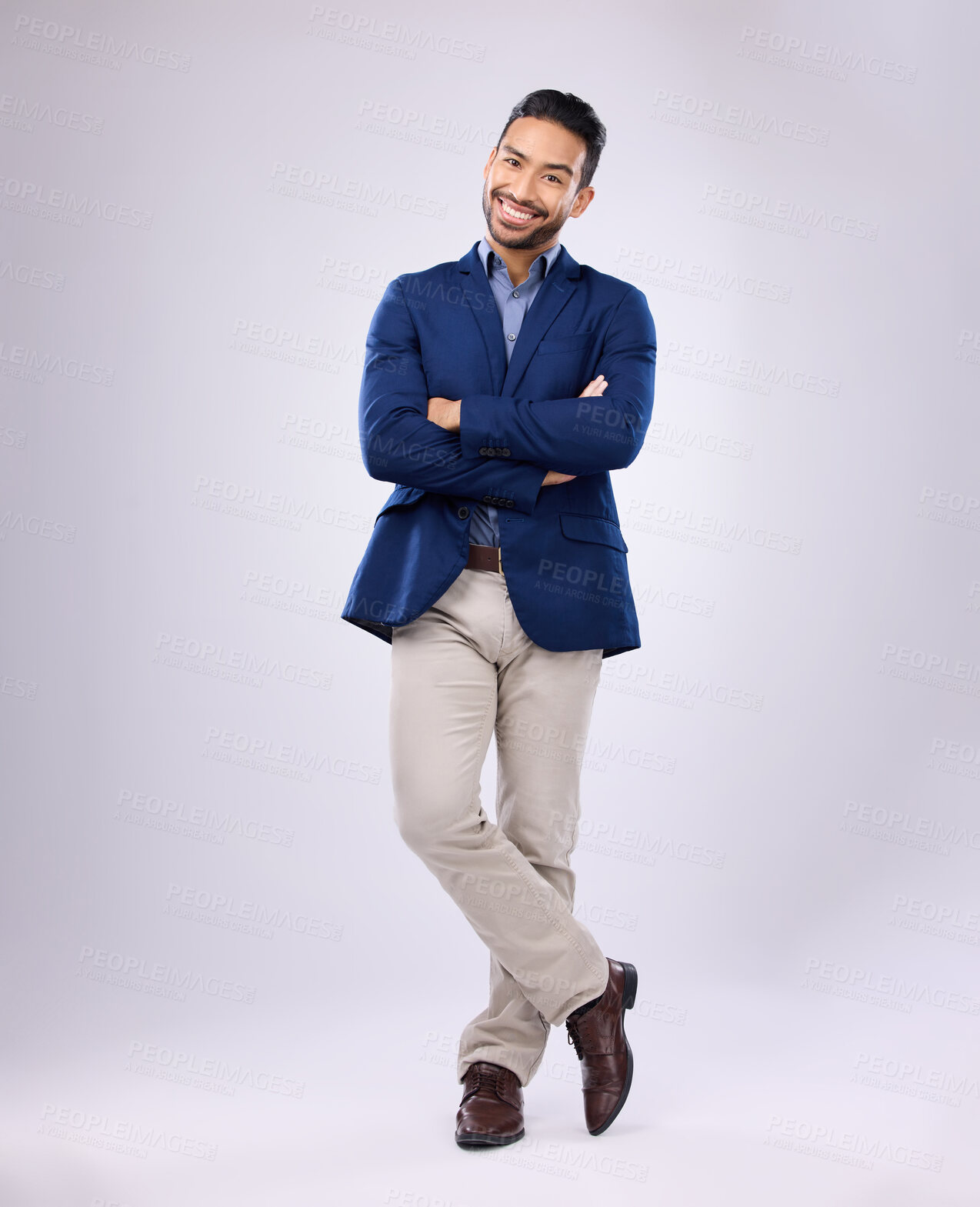 Buy stock photo Smile, leader and portrait of business man with confidence, positive mindset and power in studio. Corporate fashion, success mockup and isolated happy male with pride, leadership and professional