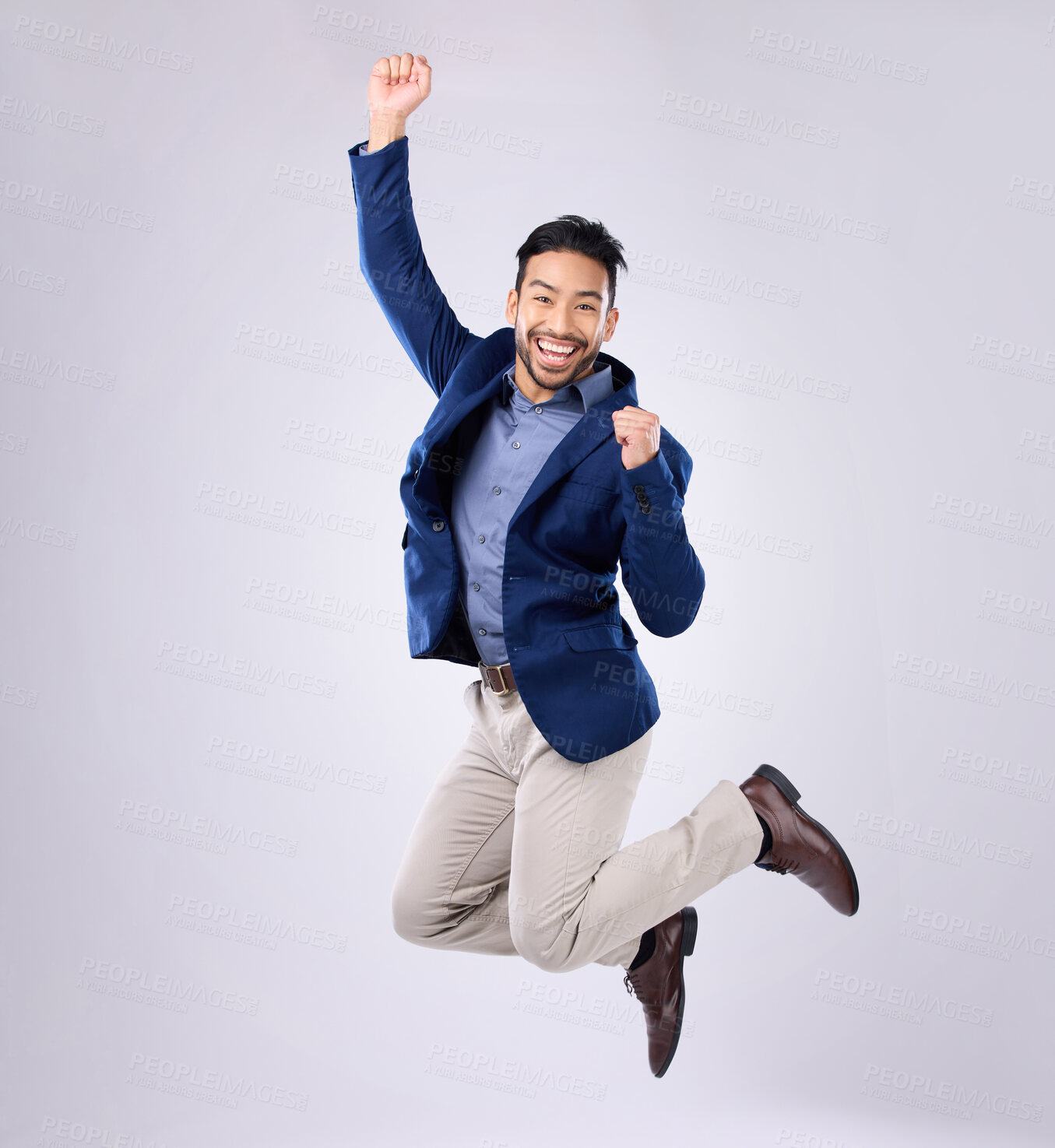 Buy stock photo Success, excited and portrait of an Asian man jumping isolated on a white background in a studio. Happy, winning and Japanese businessman in the air for achievement, celebration and enthusiastic