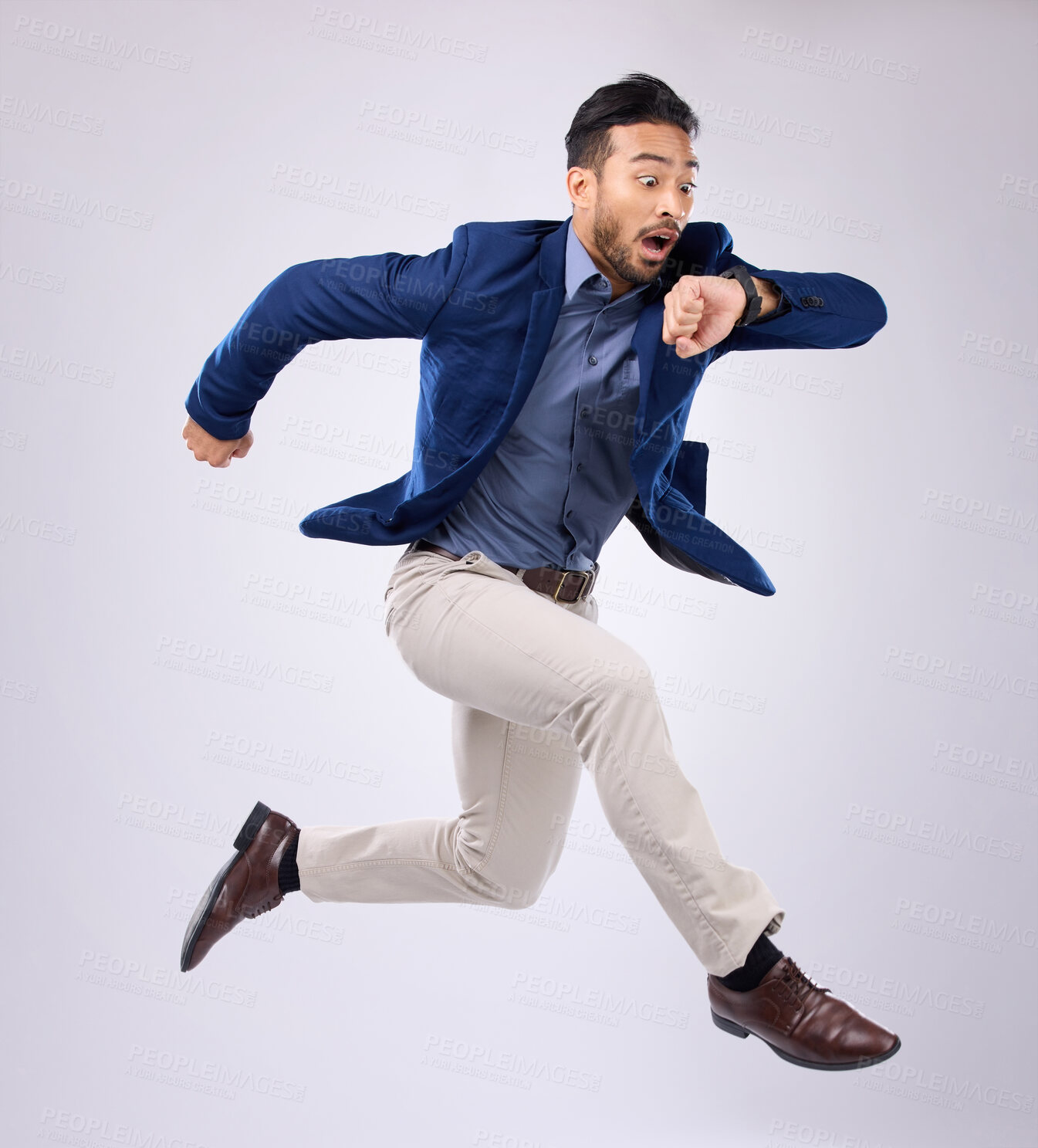 Buy stock photo Wristwatch, jump and Asian man late, appointment and employee against a grey studio background. Male manager, consultant and employee with schedule, deadline and stress with clock, jump and movement