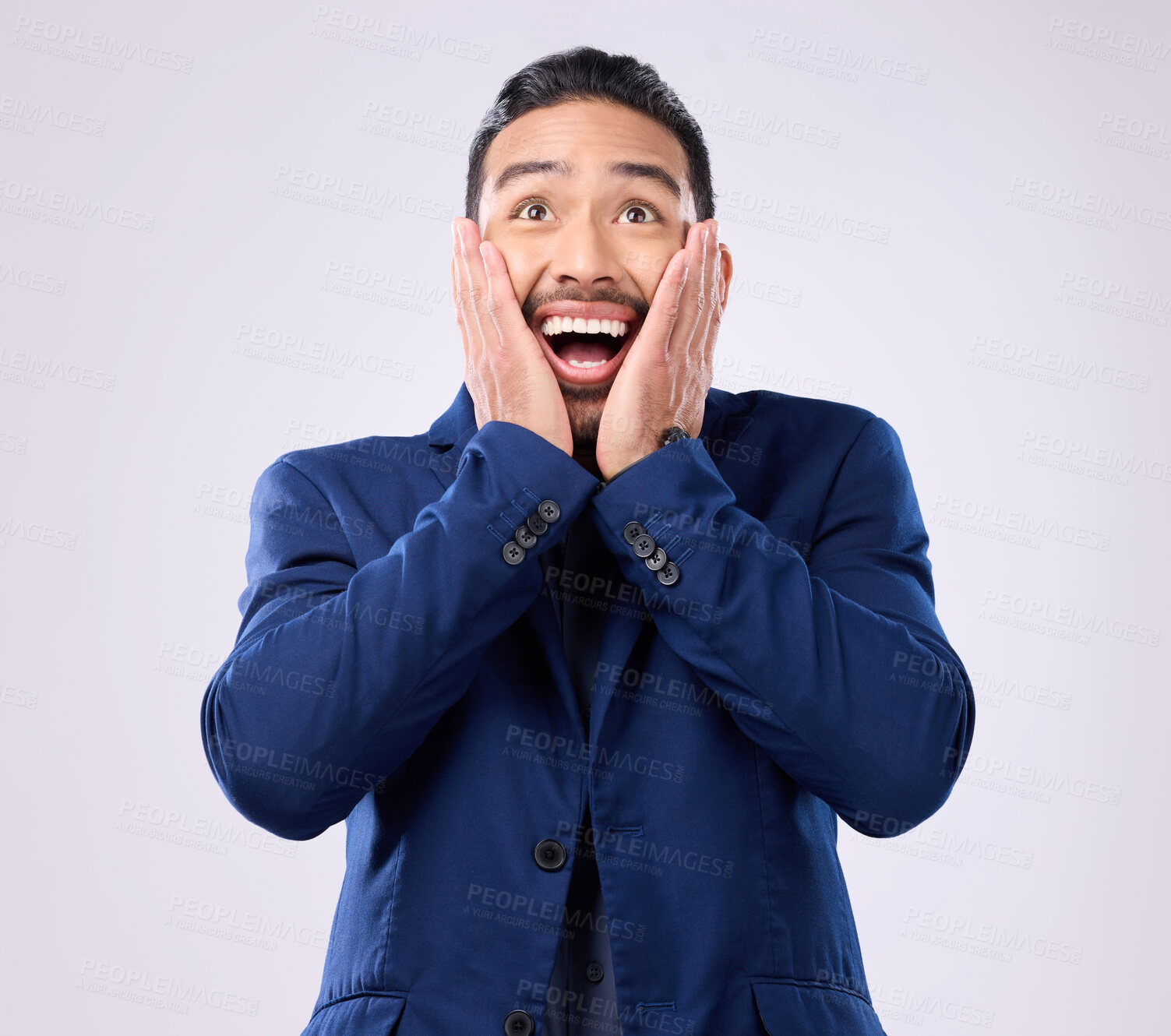 Buy stock photo Surprise, excited and face of man with shock, happiness and omg expression on white background. Winner mockup, wow reaction and isolated happy male with winning, big smile and bonus success in studio