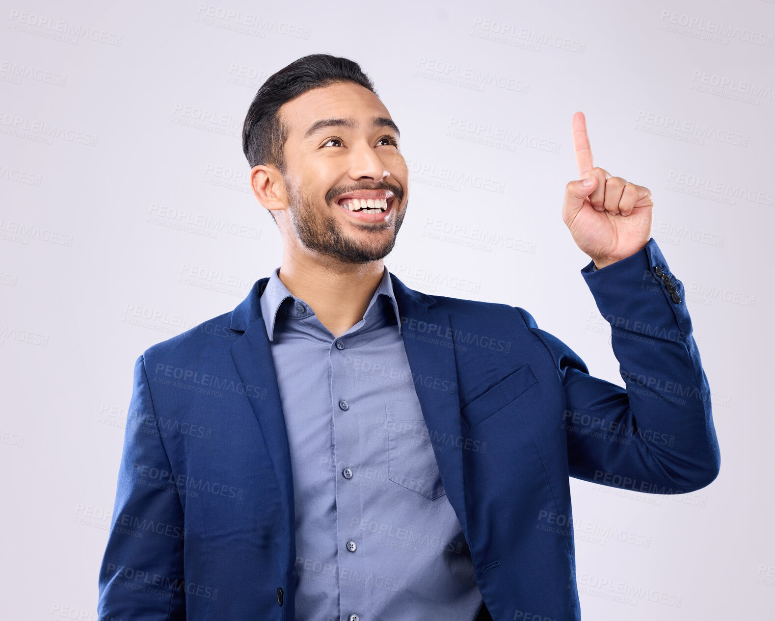 Buy stock photo Asian man, business and pointing hand at space in studio for motivation and advertising. Happy model isolated on gray background as corporate professional and finger for mockup promotion announcement