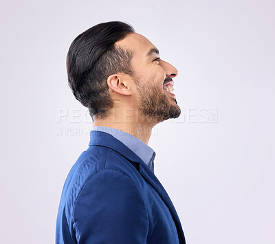 Buy stock photo Profile, happy and vision with a business man in studio on a gray background looking to the future with motivation. Side, smile and thinking with a young male employee feeling confident or carefree