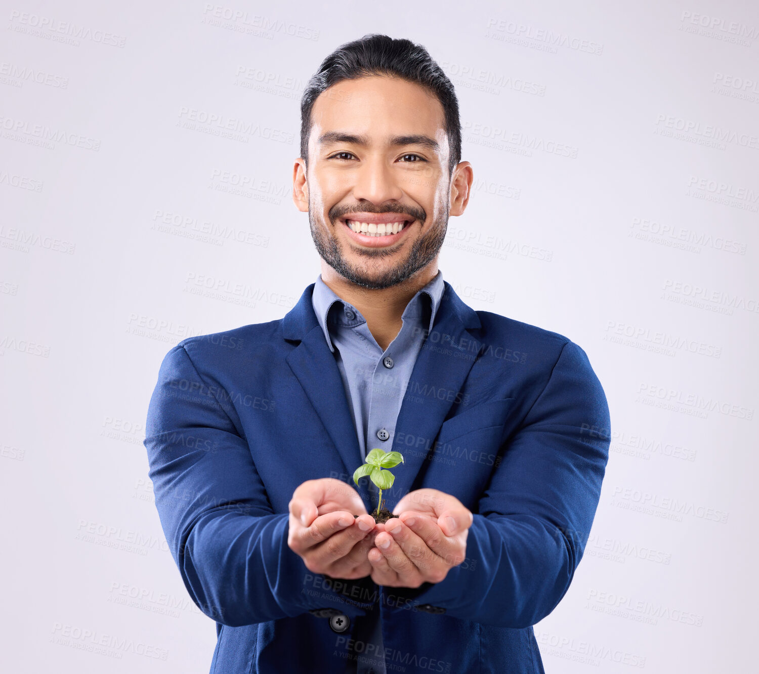 Buy stock photo Portrait of plant in man hands isolated on white background sustainability for business growth or eco friendly investment. Sapling soil in Asian person palm for sustainable, green startup in studio