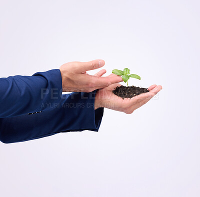 Buy stock photo Hands, plant and growth with a businessman in studio on a white background to nurture new life for sustainability. Earth day, spring and climate change with a male employee holding soil for ecology