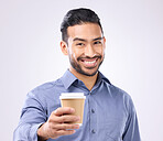 Business man, coffee cup toast and portrait in studio with smile, motivation and start morning by background. Happy asian businessman, takeaway latte and cheers for success, focus and energy for job