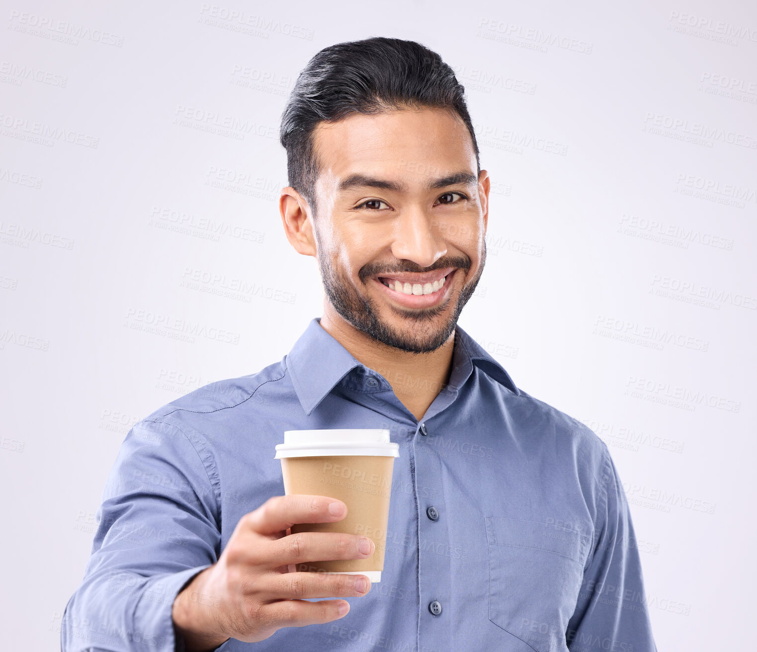 Buy stock photo Business man, coffee cup toast and portrait in studio with smile, motivation and start morning by background. Happy asian businessman, takeaway latte and cheers for success, giving and offer at job