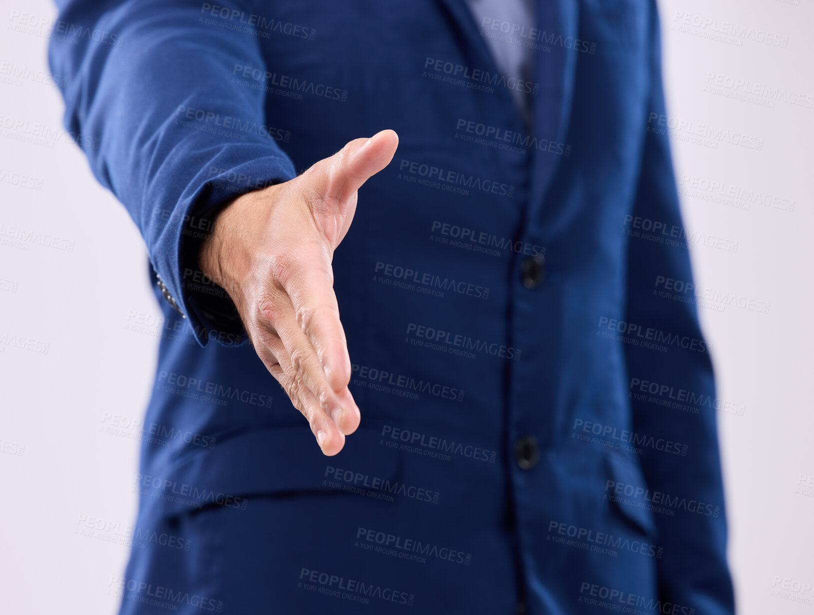 Buy stock photo Open hand shake, studio and business man with welcome, deal or agreement for partnership by background. Zoom, entrepreneur and handshake for hiring opportunity, greeting or onboarding with respect