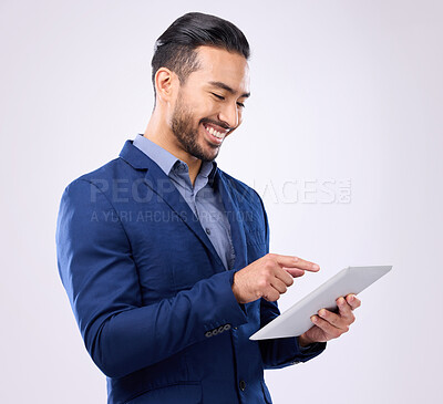 Buy stock photo Man, business and tablet with a smile in studio for communication and network connection. Asian male model isolated on a gray background with tech for mobile app, online chat and search on internet