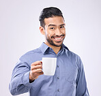 Business man, coffee cup toast and studio portrait with smile, motivation and start morning by background. Happy asian businessman, drink and cheers for success, focus and energy for job by backdrop