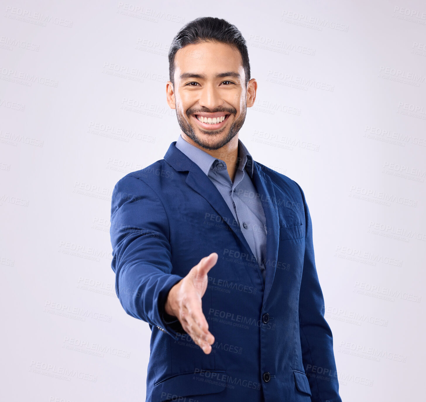 Buy stock photo Business man, handshake and studio portrait for welcome, smile or agreement for partnership by background. Asian young entrepreneur, shaking hands or excited face for opportunity, greeting or respect