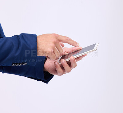 Buy stock photo Man, phone in hands and typing in studio for communication with network connection on social media. Hand of male with smartphone for internet search, mobile app and online chat on a white background 