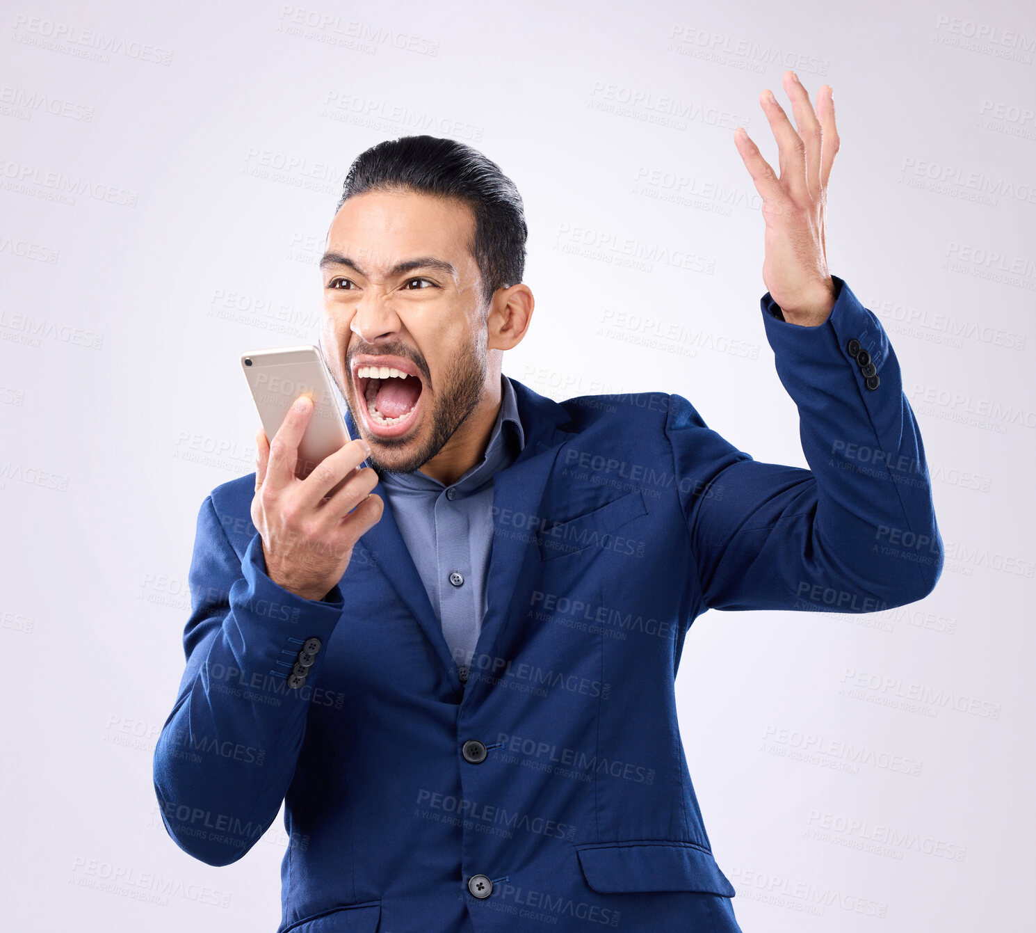 Buy stock photo Screaming, angry and phone with man in studio for communication, frustrated and connection. Bad news, problem and corporate with male isolated on white background for difficult, annoyed and failure