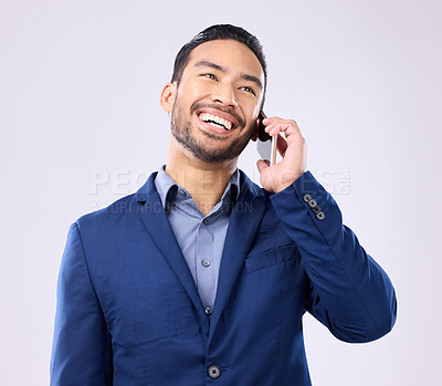 Buy stock photo Excited, business and Asian man with success, phone call and connection against a grey studio background. Japanese male employee, ceo and entrepreneur with smartphone, talking and networking signal