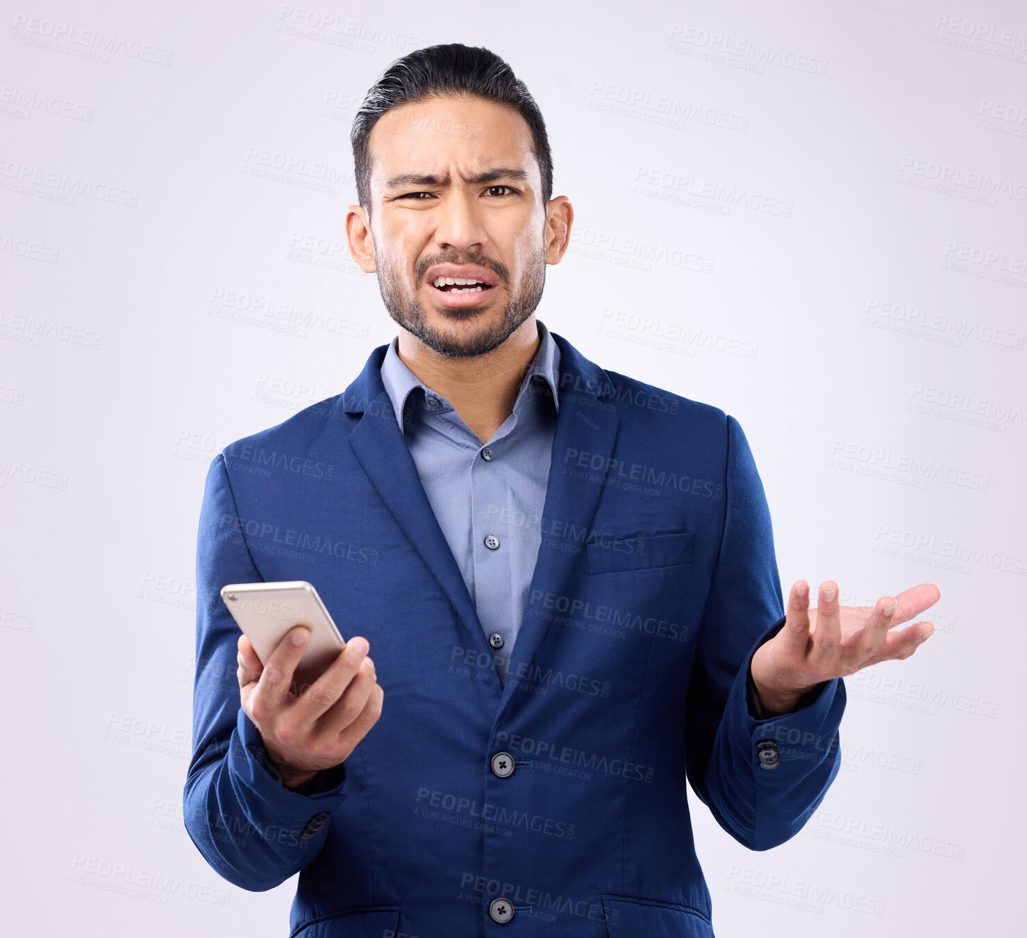 Buy stock photo Portrait, smartphone and Asian man confused, frustrated and guy against grey studio background. Face, male employee and consultant with cellphone, doubt and uncertain with stress, unsure or confusion