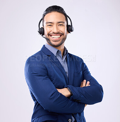 Buy stock photo Portrait, customer service and arms crossed with a man consultant standing in studio on a gray background. Contact us, support and headset with a male telecom worker ready to help for assistance