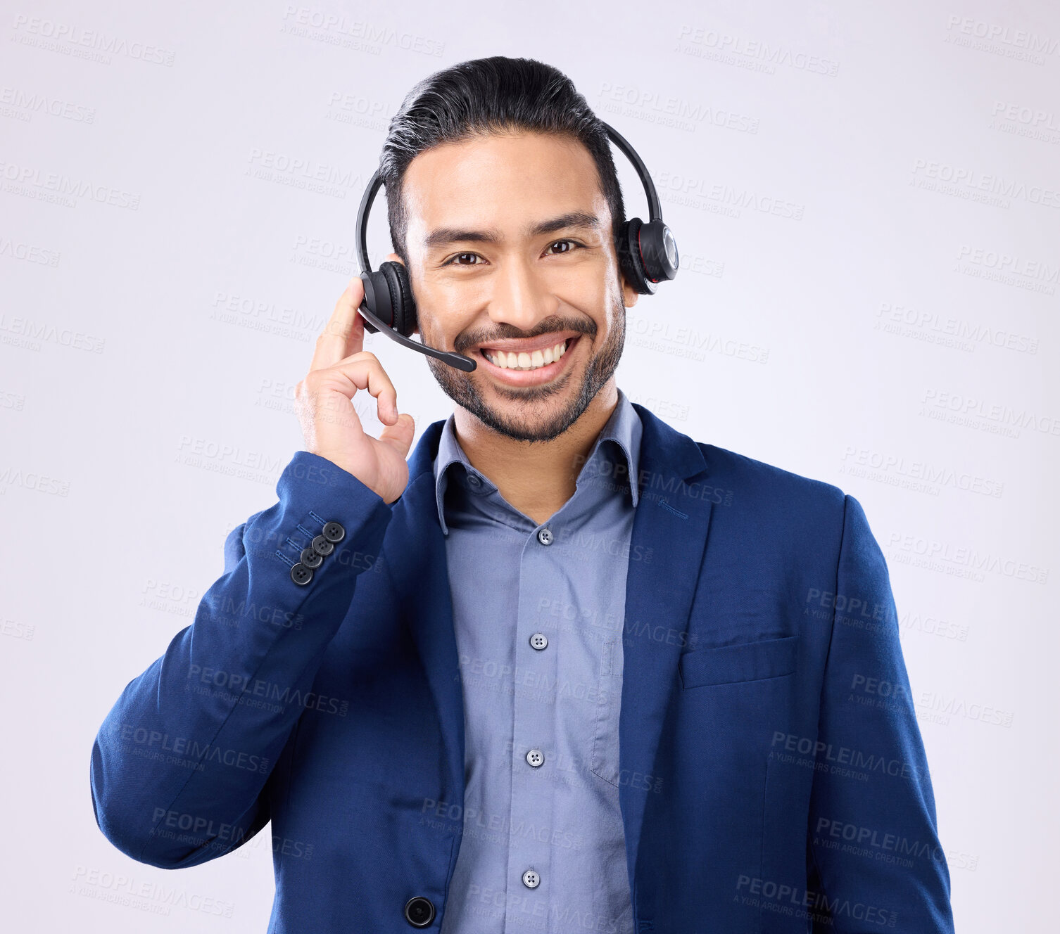 Buy stock photo Headset portrait of happy man isolated on a white background call center, telecom job or global support. International callcenter agent, consultant or business person face in studio communication