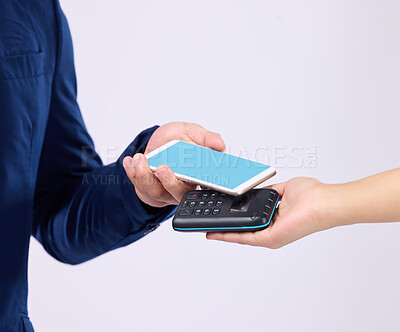 Buy stock photo Scan, machine and people hands with phone green screen isolated on white background in ecommerce transaction. Mockup connection, fintech payment app and b2c or customer with business person in studio