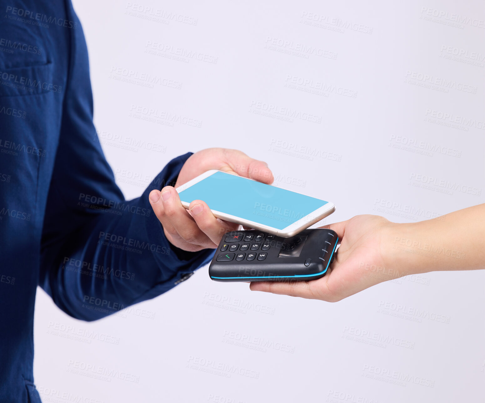 Buy stock photo Scan, machine and people hands with phone green screen isolated on white background in ecommerce transaction. Mockup connection, fintech payment app and b2c or customer with business person in studio