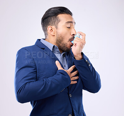 Buy stock photo Business man breathe asthma pump in studio, medical health risk and cough treatment for chest pain. Sick male worker breathing medicine inhaler for lungs, oxygen and panic attack of allergy emergency