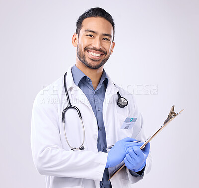 Buy stock photo Portrait, doctor and man with clipboard, healthcare and happiness against grey studio background. Face, male employee and happy medical professional with document, paperwork and report for diagnosis