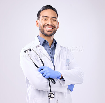 Buy stock photo Healthcare, doctor and Asian man with stethoscope, portrait and management on a studio white background. Face, happy consultant and confident medical professional with tool, wellness and motivation