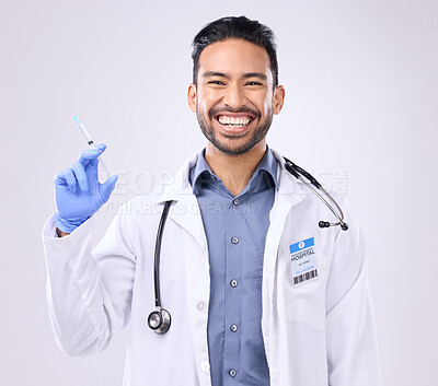 Buy stock photo Healthcare portrait, happy man and doctor with syringe, vaccine needle or injection cure for covid, monkeypox or disease. Medical studio, hospital and science innovation medicine on grey background