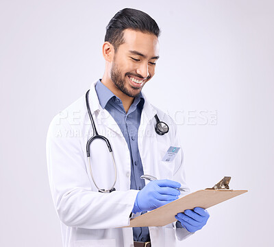 Buy stock photo Medical, happy and doctor writing on a clipboard doing a checklist isolated against a studio white background. Health, gloves and healthcare professional planning notes, results and confirm schedule