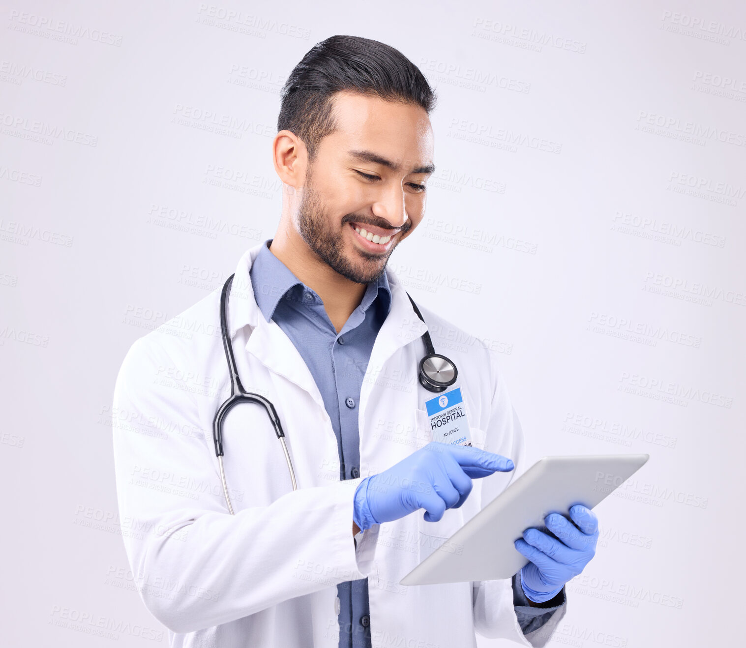 Buy stock photo Mockup, man and doctor with tablet, healthcare and success against a grey studio background. Male employee, medical professional and consultant with device, research and website for online reading 