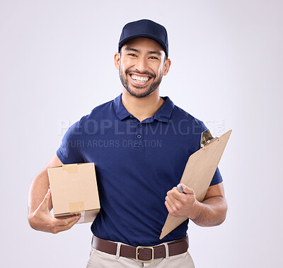 Buy stock photo Portrait of delivery man isolated on studio background courier services, supply chain and clipboard checklist. Asian worker, business or logistics person with package in Korea distribution of product