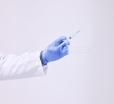 Buy stock photo Healthcare man, hands and doctor with syringe, needle or vaccine injection for covid 19, monkeypox or disease cure. Medical studio, hospital nurse and science innovation medicine on grey background