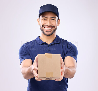 Buy stock photo Delivery, box and portrait of asian man in studio for shipping, courier and supplier. Logistics, product and cargo with male on gray background for ecommerce, postage and package distribution