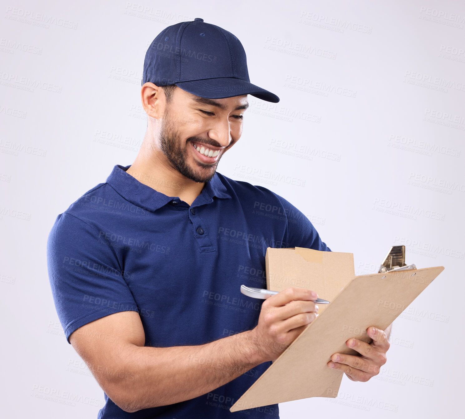 Buy stock photo Delivery man writing on checklist isolated on studio background in courier service, supply chain and clipboard. Asian worker, business or logistics person package in Korea distribution management
