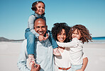 Family, smile and portrait piggyback at beach on vacation, bonding and care at seashore. Holiday relax, summer ocean or happy father, mother and kids, girls or children enjoying quality time together