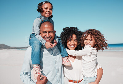 Buy stock photo Family, smile and portrait piggyback at beach on vacation, bonding and care at seashore. Holiday relax, summer ocean or happy father, mother and kids, girls or children enjoying quality time together